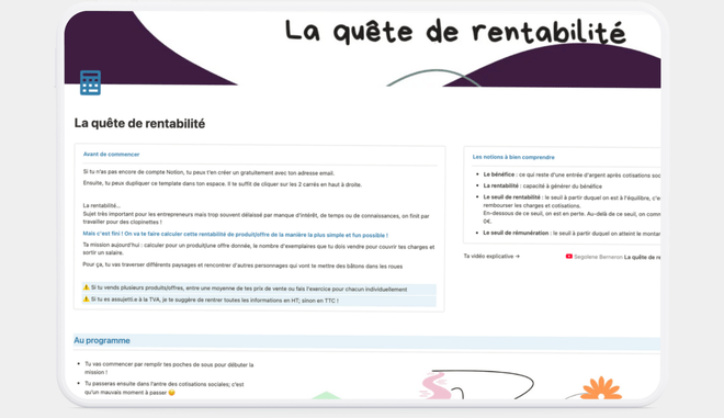 Page d'acceuil de la quête de rentabilité